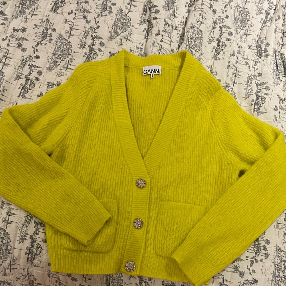 Ganni Chartreuse Cardigan with Crystal Buttons